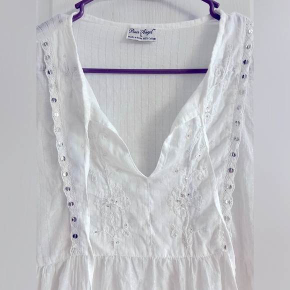 Peace Angel White Peasant Top with ties; long sleeve; sheer; Women’s Size Large - Picture 2 of 8